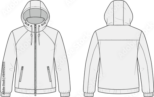 Hooded jacket front and back view, zippered pockets, raglan sleeves, drawstring hood, fashion garment, flat vector illustration