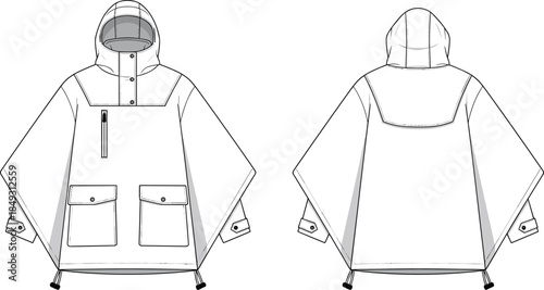 Hooded poncho technical sketch front and back, snap placket, zip chest pocket, flap pockets, strap detail, flat vector illustration