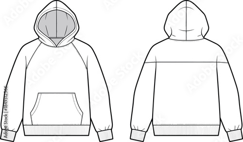 Hooded sweatshirt front and back view, kangaroo pocket, raglan sleeves, ribbed cuffs and hem, flat vector illustration