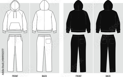 Hoodie and sweatpants front and back view, casual outfit in black and white, flat vector illustration