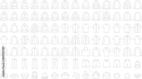 Minimalist clothing accessory icon grid, hoodies, shirts, pants, skirts, socks, bags, caps, belts, fashion set, flat vector illustration