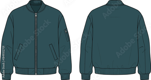 Bomber jacket front and back view, zippered sleeve pocket, ribbed collar and cuffs, fashion garment, flat vector illustration