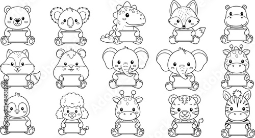 Cartoon animals holding blank signs, cute character collection for labeling or coloring, flat vector illustration