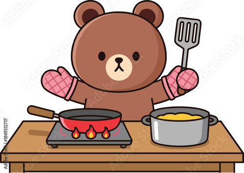 Cartoon bear cooking at stove, playful kitchen scene with spatula and pot, flat vector illustration