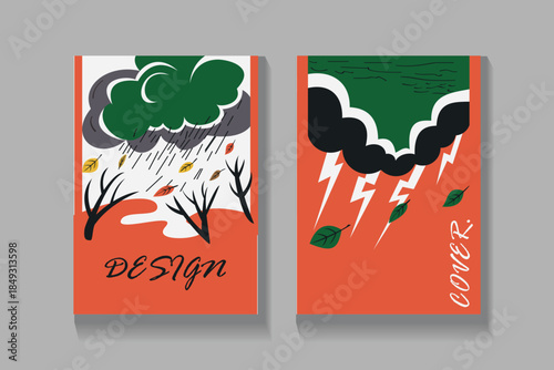 Abstract Storm and Rain Illustration with Lightning and Falling Leaves. Ideal for poster design, editorial layouts, seasonal themes, weather concepts, and creative backgrounds.