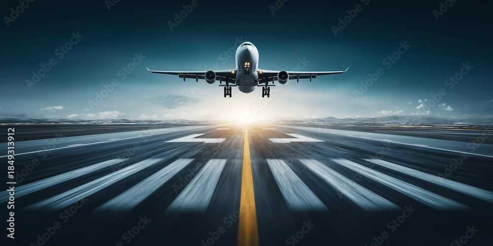 Fototapeta premium Commercial aircraft flying over blurred runway, representing swift business journeys, vacation travel, logistics, and global connection