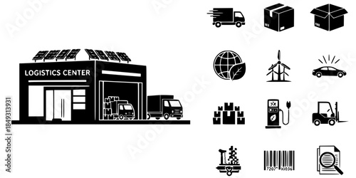 Green Logistics Center Warehouse Vector Silhouette