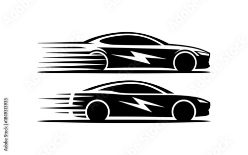 Electric car silhouette vector design, electric car line with charging stations, black silhouette of an electric car charging, hybrid technology vehicles car logo idea vector based illustration