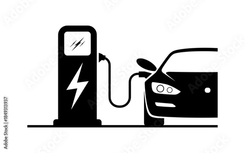 Electric car silhouette vector design, electric car line with charging stations, black silhouette of an electric car charging, hybrid technology vehicles car logo idea vector based illustration