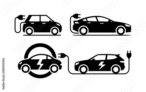 Electric car silhouette vector design, electric car line with charging stations, black silhouette of an electric car charging, hybrid technology vehicles car logo idea vector based illustration