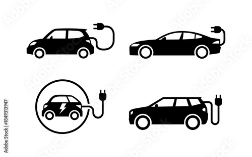 Electric car silhouette vector design, electric car line with charging stations, black silhouette of an electric car charging, hybrid technology vehicles car logo idea vector based illustration