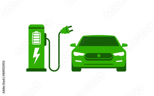 Electric car silhouette vector design, electric car line with charging stations, black silhouette of an electric car charging, hybrid technology vehicles car logo idea vector based illustration