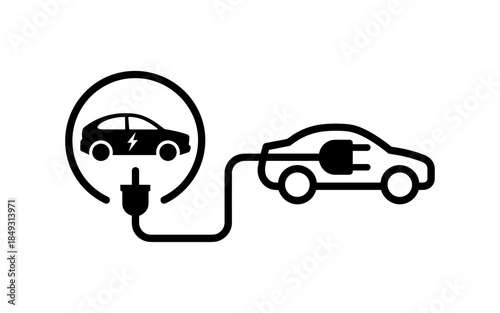 Electric car silhouette vector design, electric car line with charging stations, black silhouette of an electric car charging, hybrid technology vehicles car logo idea vector based illustration
