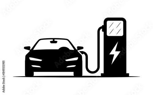Electric car silhouette vector design, electric car line with charging stations, black silhouette of an electric car charging, hybrid technology vehicles car logo idea vector based illustration