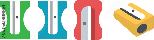 Flat illustration of colorful pencil sharpeners in green blue red and yellow