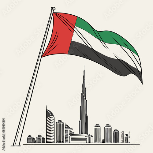 Title: United Arab Emirates National Day Illustration: Waving UAE Flag over Dubai Skyline and Burj Khalifa Landmark