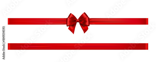 Red satin bow with double horizontal ribbons centered, shiny decorative vector element for layered gift wrapping, festive banners and holiday design
