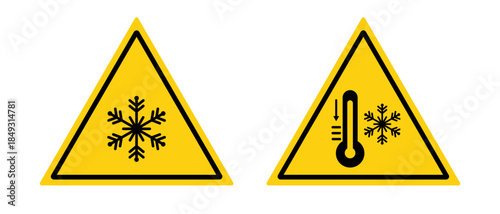 Cold hazard icon. Winter warning vector illustration. Ice and snowflake safety sign for slippery surfaces, freezing temperatures and weather precautions.