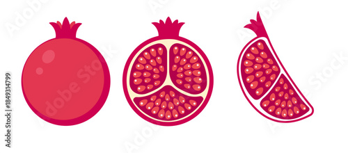 Whole and cut pomegranate icon set. Fruit vector illustration.