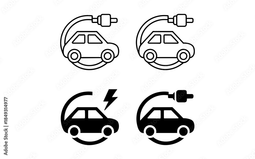 Fototapeta premium Electric car silhouette vector design, electric car line with charging stations, black silhouette of an electric car charging, hybrid technology vehicles car logo idea vector based illustration