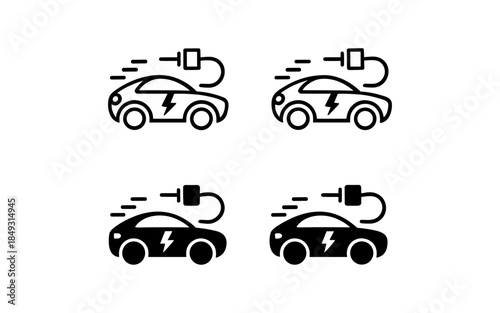 Electric car silhouette vector design, electric car line with charging stations, black silhouette of an electric car charging, hybrid technology vehicles car logo idea vector based illustration
