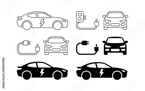Electric car silhouette vector design, electric car line with charging stations, black silhouette of an electric car charging, hybrid technology vehicles car logo idea vector based illustration