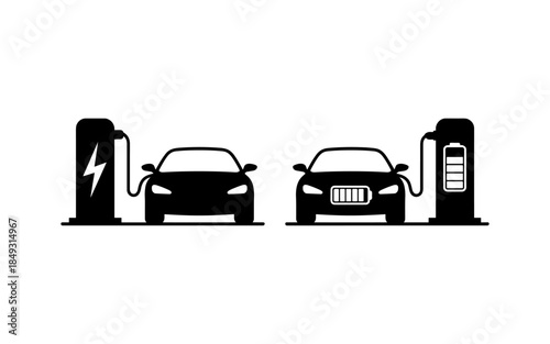 Electric car silhouette vector design, electric car line with charging stations, black silhouette of an electric car charging, hybrid technology vehicles car logo idea vector based illustration