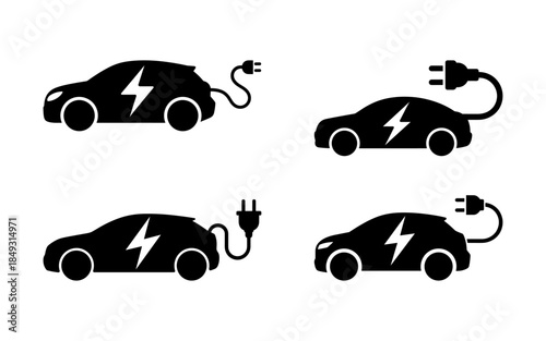 Electric car silhouette vector design, electric car line with charging stations, black silhouette of an electric car charging, hybrid technology vehicles car logo idea vector based illustration