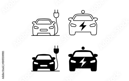 Electric car silhouette vector design, electric car line with charging stations, black silhouette of an electric car charging, hybrid technology vehicles car logo idea vector based illustration