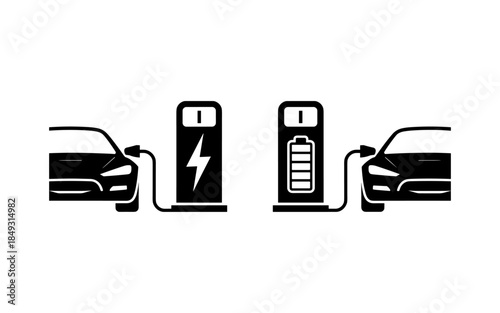 Electric car silhouette vector design, electric car line with charging stations, black silhouette of an electric car charging, hybrid technology vehicles car logo idea vector based illustration