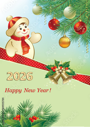 Happy New Year 2026 card and background. Vector illustration for greetings, holiday designs, marketing materials and social media banners.