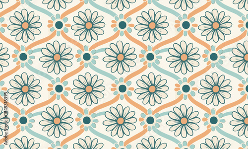 Seamless floral pattern vector, Retro white daisies with geometric teal and orange trellis vines on cream background, Vintage ogee textile design