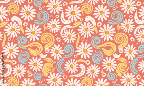 Seamless floral pattern vector, Retro white daisy flowers with swirls on burnt orange terracotta background, Vintage boho autumn textile design