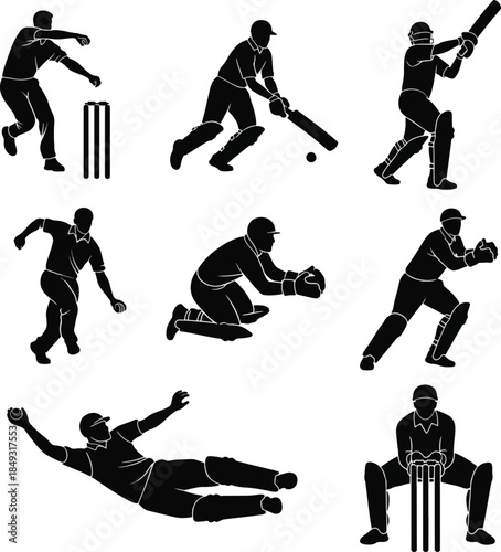 Cricket Players Silhouettes Set Action Poses Vector Illustration