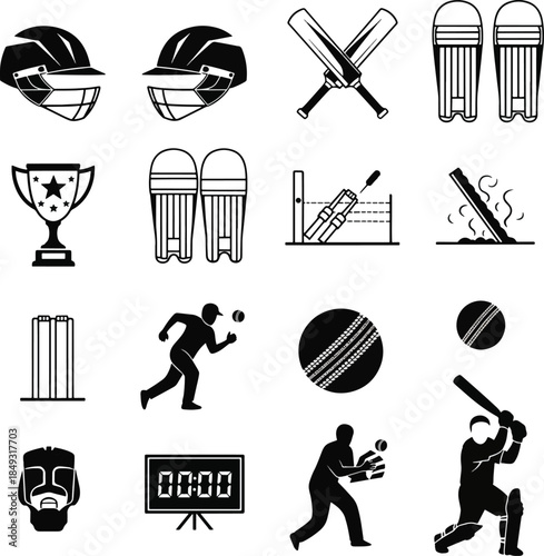 Cricket icons set black and white flat vector illustration