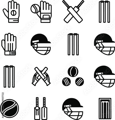 Black and White Outline Cricket Equipment Vector Icon Set