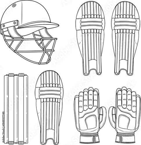 Cricket Protection Gear Equipment Vector Line Art Set