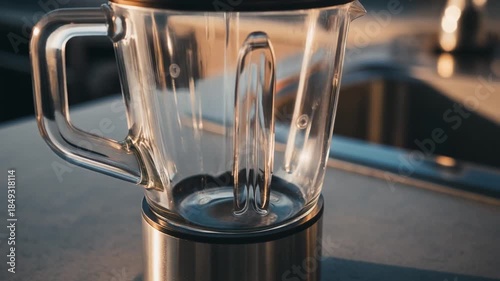 Close-up of an empty glass blender jar on a countertop, ready for ingredients, with natural light