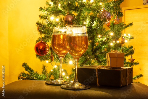 New Year theme with glasses and gifts