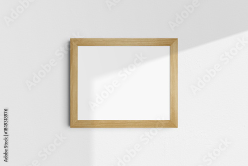 Horizontal frame mockup 5:4, 10x8, 4:5 landscape. Single oak wood frame mockup. Clean, modern, minimalist, bright. Shadow overlay.