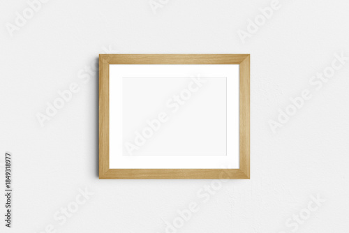 Horizontal frame mockup 5:4, 4:5 landscape. Single oak wood frame mockup. Clean, modern, minimalist, bright. Passepartout/mat opening in 4:3 aspect ratio.