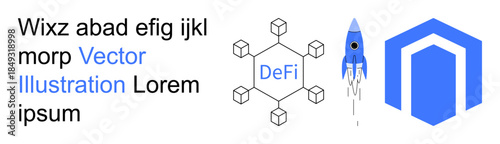 Cryptocurrency, blockchain network, Decentralized Finance DeFi, innovation, technology, and digital assets. Blockchain structure, rocket and geometric symbol. DeFi and cryptocurrency visualization