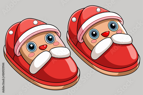 A pair of soft and comfortable house slippers with a neutral color on a neutral background. Designed in Santa Claus style. For Christmas.