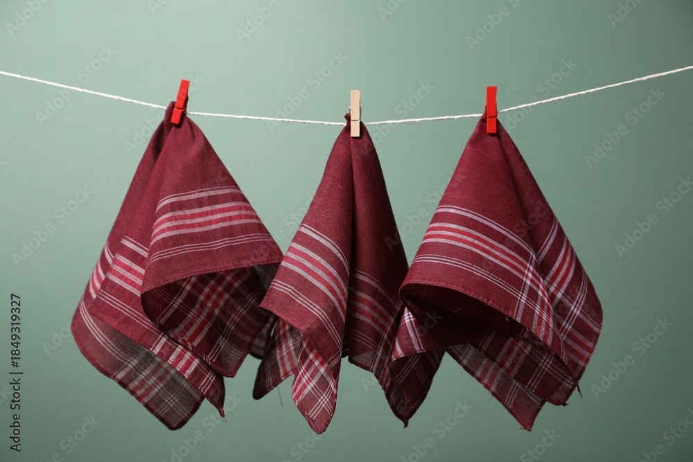Fototapeta premium Beautiful cotton handkerchiefs hanging on string against olive background