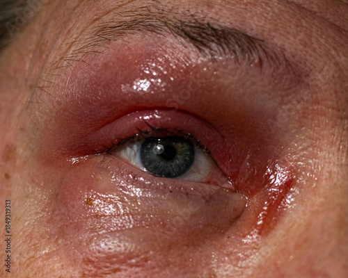 swollen, irritated red eye with inflammation and tearfulness, ideal for medical education, healthcare campaigns, allergy awareness, ophthalmology communication, and wellness-related visuals