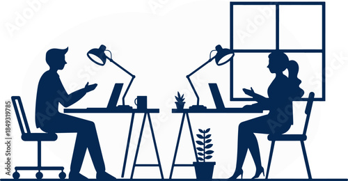 Flat vector illustration of two people working at desks with laptops and coffee