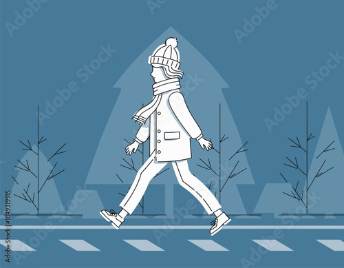 Winter illustration of girl walking outdoors, seasonal lifestyle vector