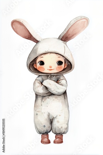 Watercolor child in bunny costume with big ears and boots.