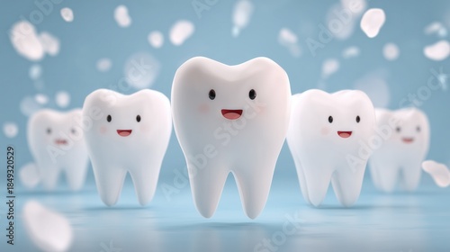 Cute cartoon teeth with happy faces floating on a blue background.