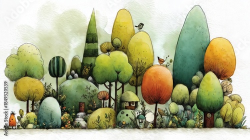 Charming watercolor illustration of a fantasy forest with round colorful trees.